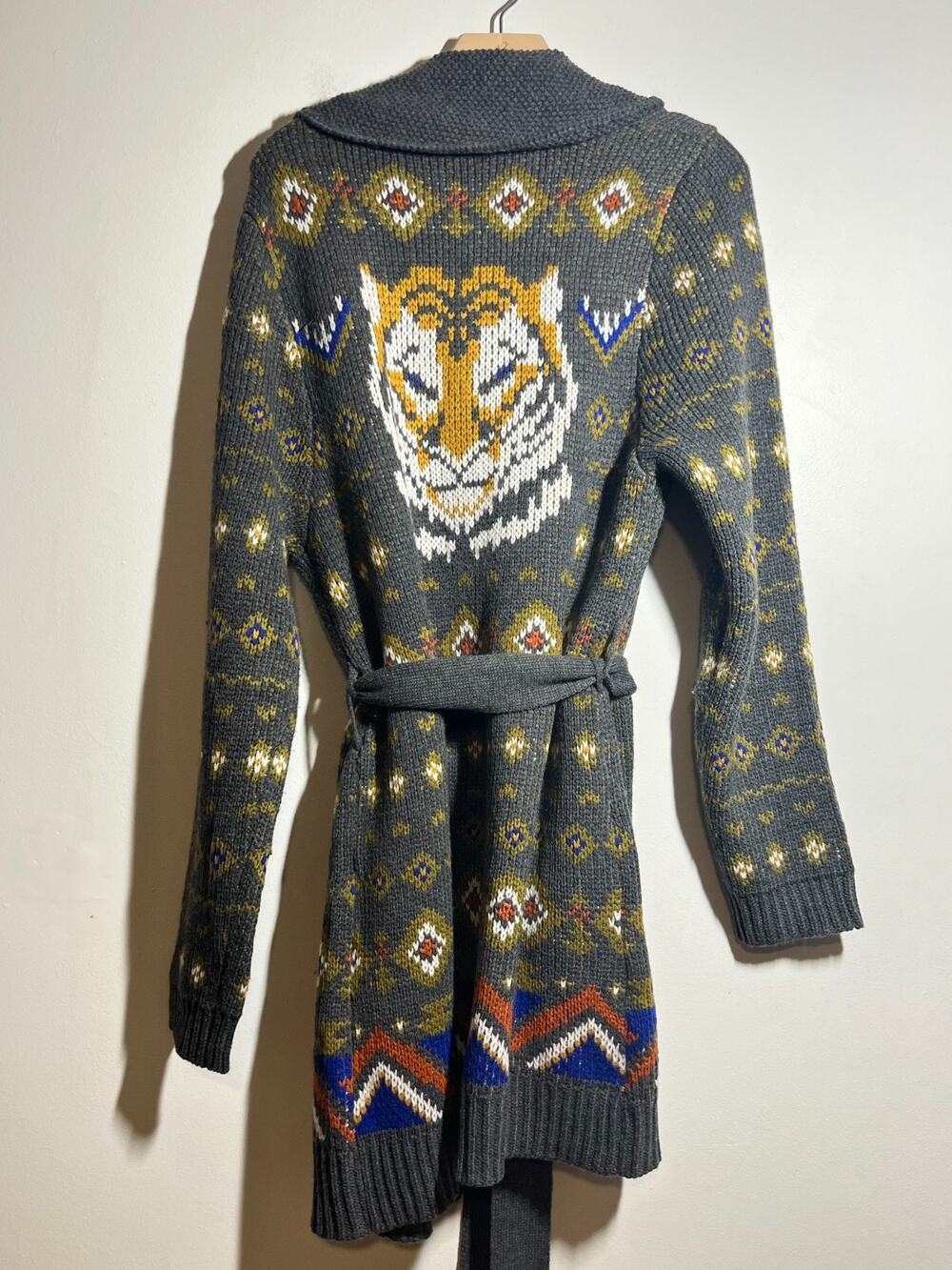 Jackson Rowe Gray Multi Color Tribal Tiger Belted Sweater Cardigan Duster L